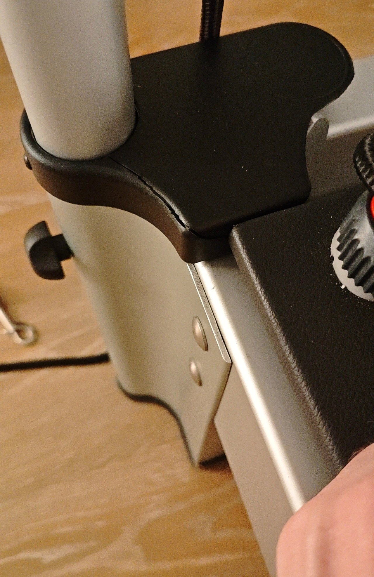 Cracked plastic trim on the base of a Bonpilates Monitor tower after regular studio use