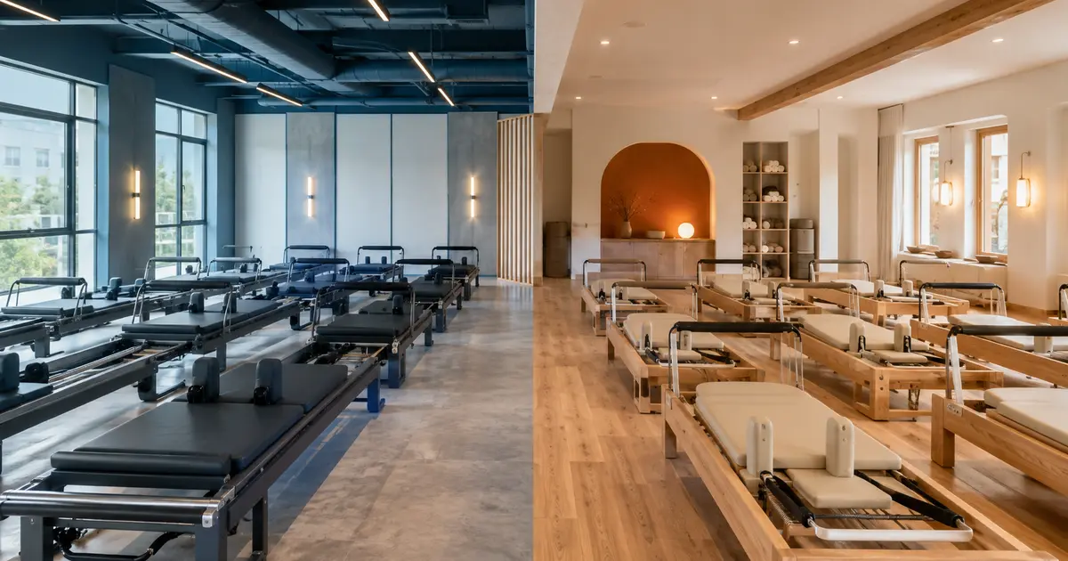 Side-by-side comparison of standardized and independent reformer Pilates studio interiors
