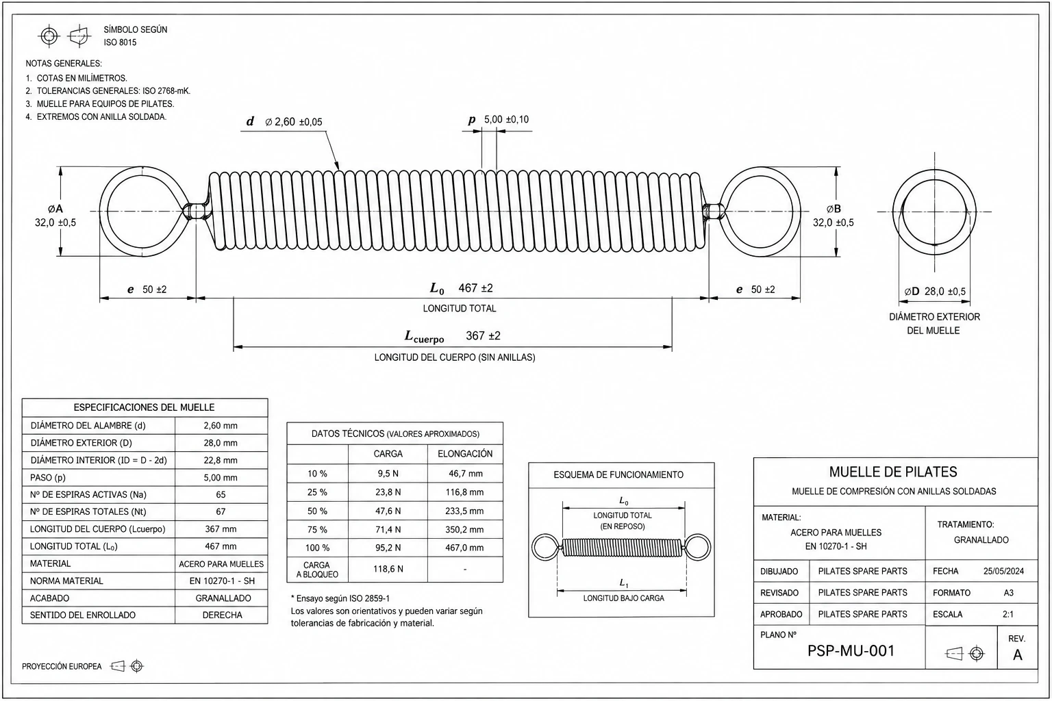 Technical drawing of a Pilates reformer spring with engineering dimensions